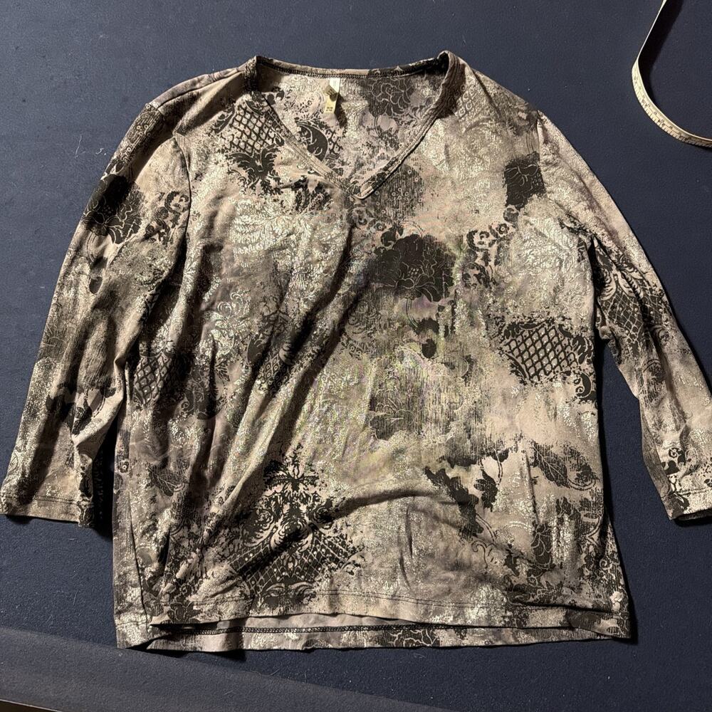 WHITE STAG Womens Size M 8/10 V-Neck Long Sleeve Black Silver Blouse Top Shirt